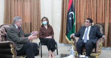 Jan Kubis, the United Nation's special envoy for Libya, (L) and Mohammad Younes Menfi, the head of Libya's Presidential Council, talk during a meeting in Tripoli, Libya, April 29, 2021. (AA Photo)