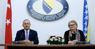 Foreign Minister Mevlüt Çavuşoğlu (L) and Bosnia-Herzegovina's Foreign Minister Bisera Turkovic speak at a joint press conference in Sarajevo, Bosnia and Herzegovina, May 5, 2021. (AA Photo)