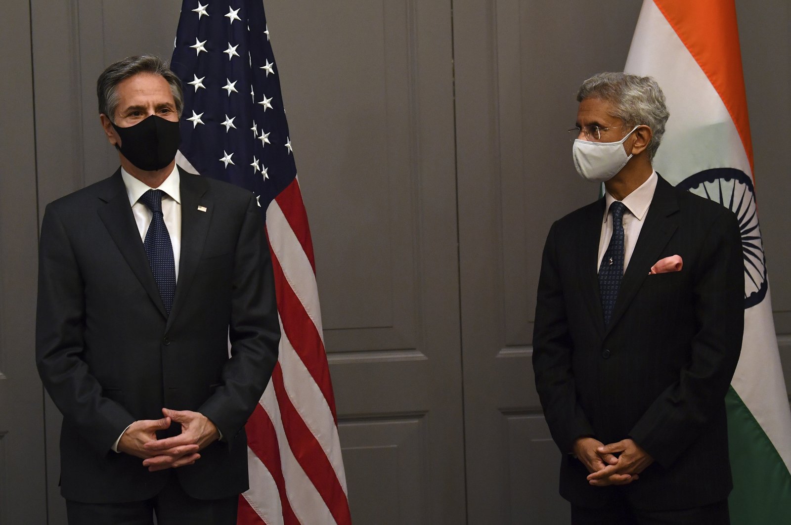India's Foreign Minister Subrahmanyam Jaishankar (R) attends a press conference with U.S. Secretary of State Antony Blinken following a bilateral meeting in London, U.K., May 3, 2021. (AP Photo)