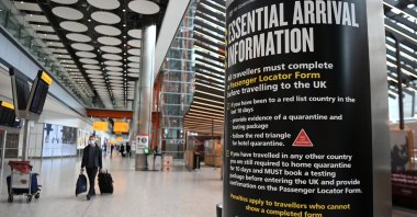 A quarantine sign for so-called "red list" countries at Heathrow Airport in London, Britain, May 3, 2021. (EPA Photo)