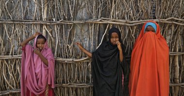 Somali refugee girls stand by the fence surrounding their hut at the Dadaab refugee camp, northern Kenya, Dec. 19, 2017. (AP Photo)