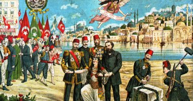 A Greek lithograph celebrating the Young Turk revolt in 1908 and the re-introduction of a constitutional regime in the Ottoman Empire.