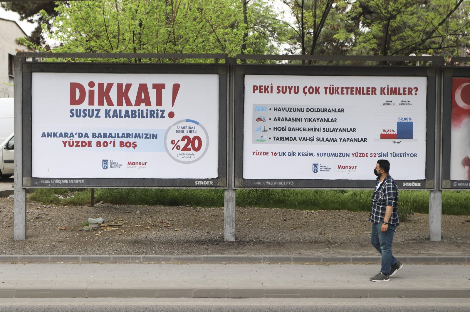 A man walks past posters warning about the water shortage, in the capital Ankara, Turkey, May 4, 2021. (DHA PHOTO)