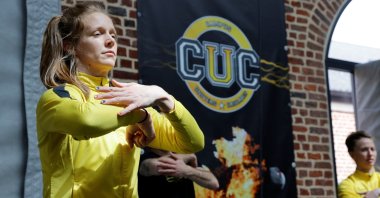 Student Marie Sergent is seen during a warm-up at France's Campus Univers Cascade (CUC), a training ground for stuntpeople, in Le Cateau-Cambresis, France, May 4, 2021. (Reuters Photo)