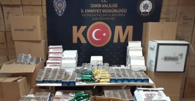 Illegal tobacco with a market value of TL 6 million seized by police in the Konak district of Izmir, Turkey, on April 27, 2021. (DHA Photo)