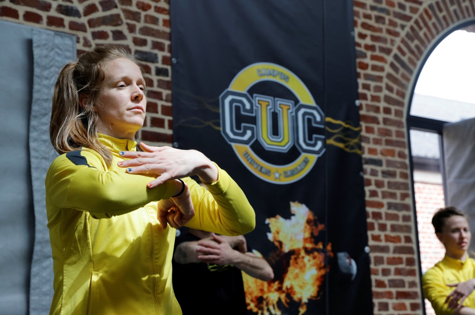 Student Marie Sergent is seen during a warm-up at France's Campus Univers Cascade (CUC), a training ground for stuntpeople, in Le Cateau-Cambresis, France, May 4, 2021. (Reuters Photo)