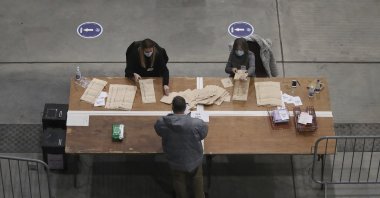 Ballots are counted for the Scottish Parliamentary Elections in Aberdeen, Scotland, the U.K., Friday May 7, 2021. (PA via AP)