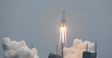 The Long March 5B rocket carrying China's Tianhe space station core module lifts off from Wenchang Space Launch Center in southern China's Hainan province, April 29, 2021. (AFP Photo)