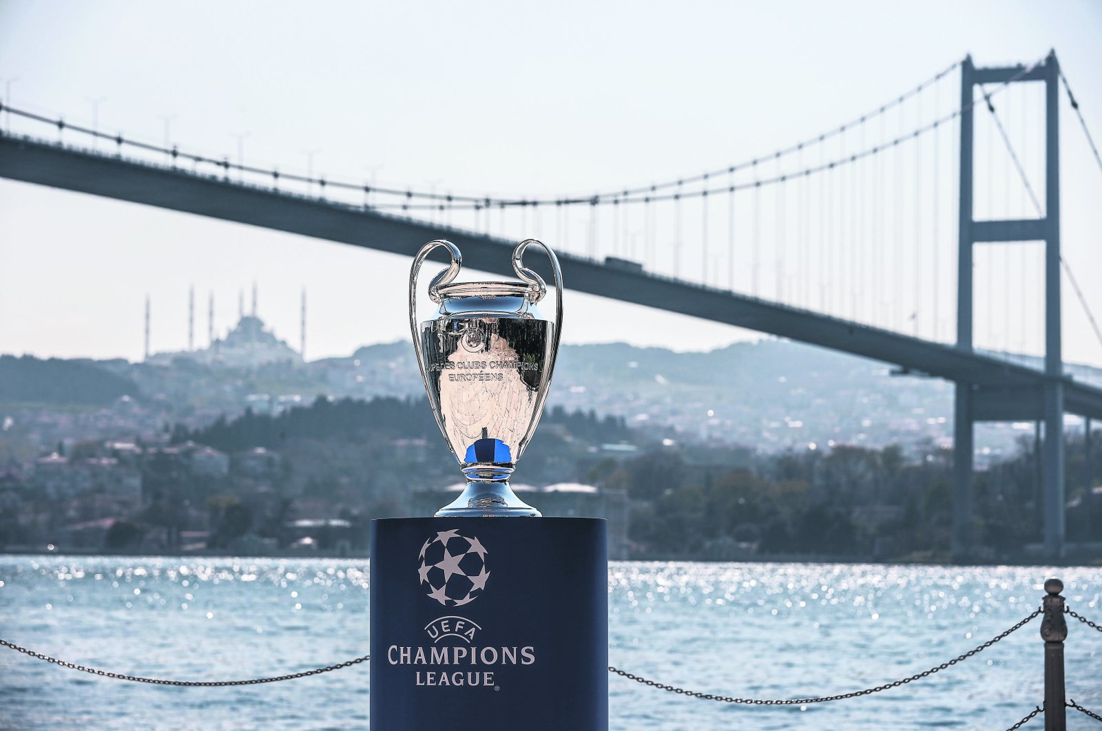 The UEFA Champions League trophy at the city’s Esma Sultan Mansion, overlooking the historic Bosporus, Istanbul, Turkey, April 21, 2021. (AA Photo)
