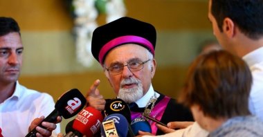 The chief rabbi of the Jewish community, Izak Haleva, speaks to the press in this file photo, March 31, 2020 (AA Photo)