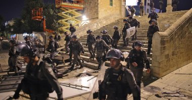 Israeli security forces deploy in Jerusalem's Al-Aqsa Mosque during their attack on worshippers at the mosque, East Jerusalem, occupied Palestine, May 10, 2021. (AFP Photo)