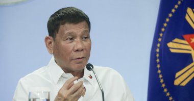 Philippine President Rodrigo Duterte gestures after meeting with the Inter-Agency Task Force on the Emerging Infectious Diseases (IATF-EID) core members at the Malacanang presidential palace in Manila, Philippines, May 5, 2021. (AP Photo)