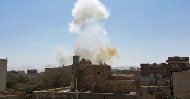 Smoke rises after Saudi-led airstrikes on an army base in Sanaa, Yemen, March 7, 2021. (AP Photo)