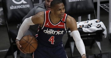 Washington Wizards' Russell Westbrook gestures during the first half of an NBA basketball game against the Atlanta Hawks, Monday, May 10, 2021, in Atlanta. (AP Photo)