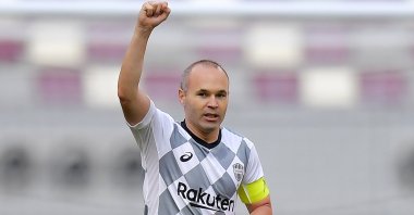 Andres Iniesta of Vissel Kobe celebrates scoring in an AFC Champions League match at the Khalifa International Stadium in Doha, Qatar, Nov. 25, 2020. (EPA Photo)