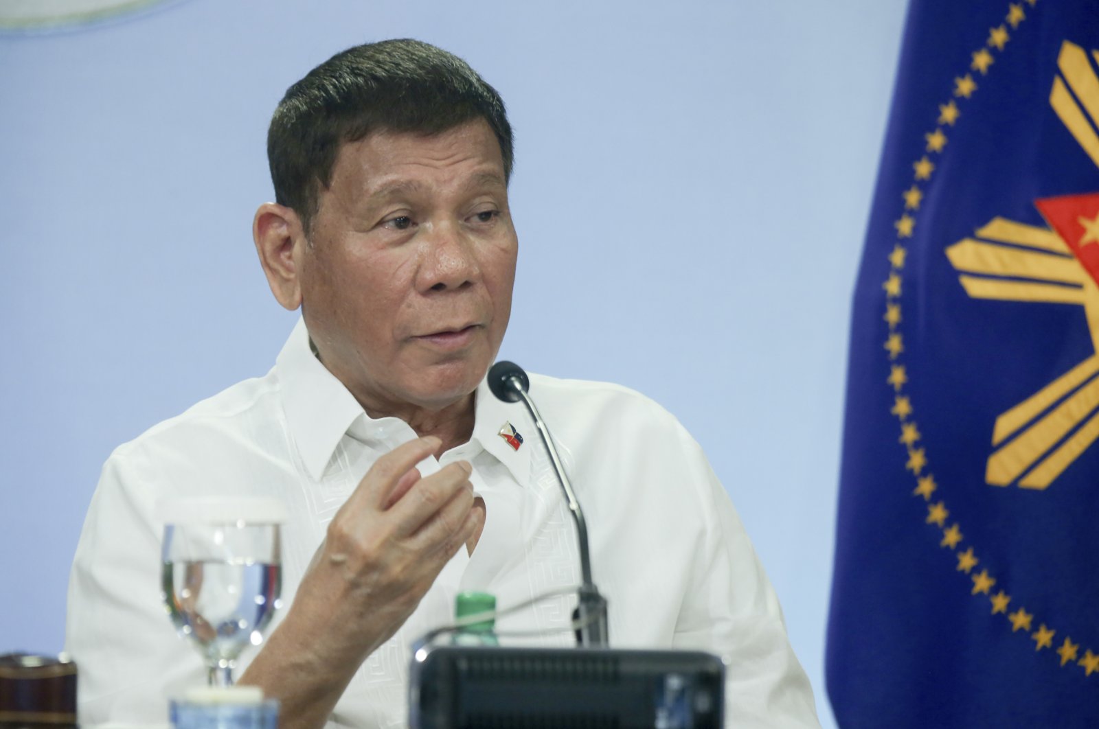 Philippine President Rodrigo Duterte gestures after meeting with the Inter-Agency Task Force on the Emerging Infectious Diseases (IATF-EID) core members at the Malacanang presidential palace in Manila, Philippines, May 5, 2021. (AP Photo)