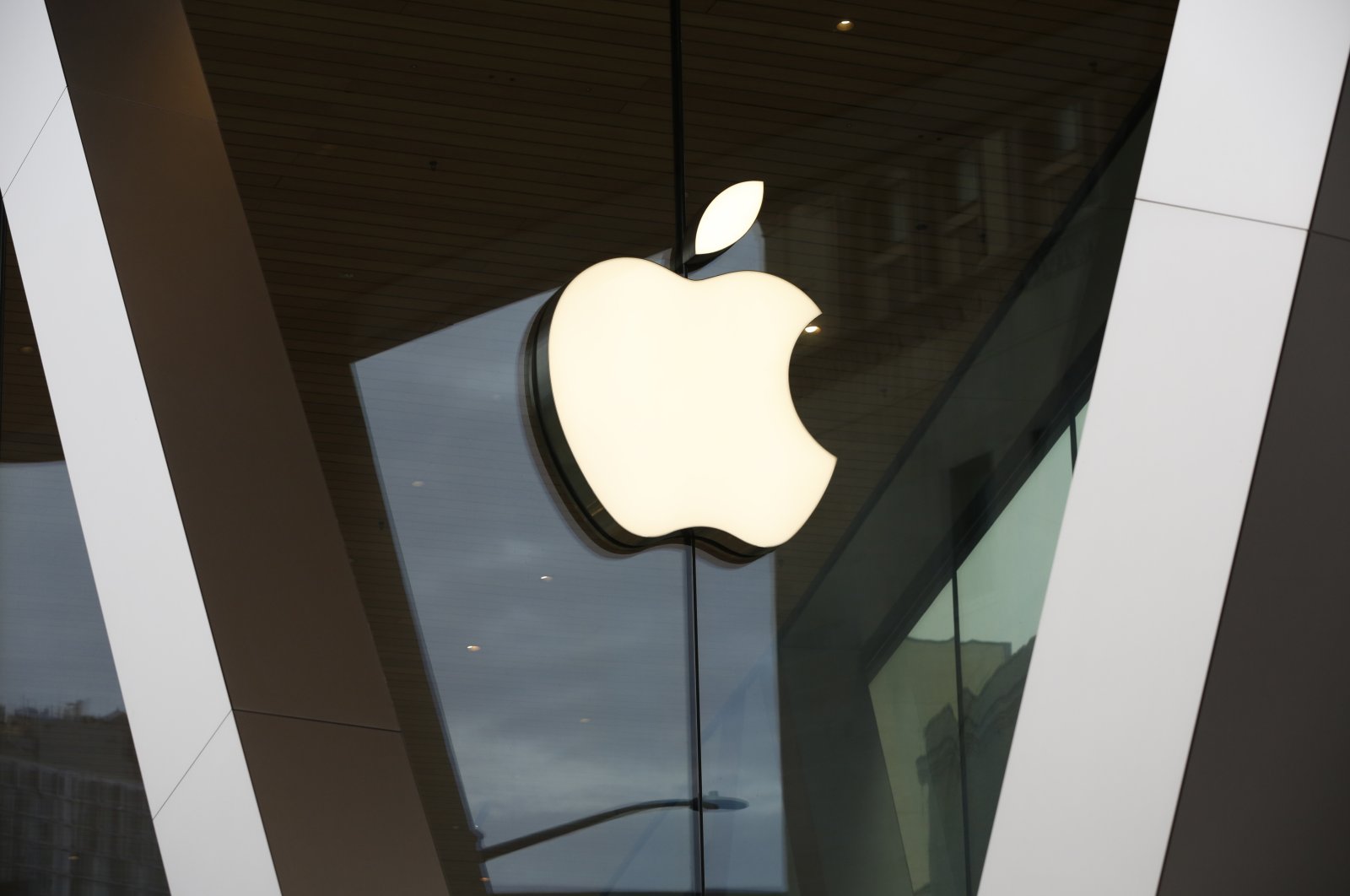 An Apple logo adorns the facade of the downtown Brooklyn Apple store in New York, U.S., March 14, 2020. (AP Photo)