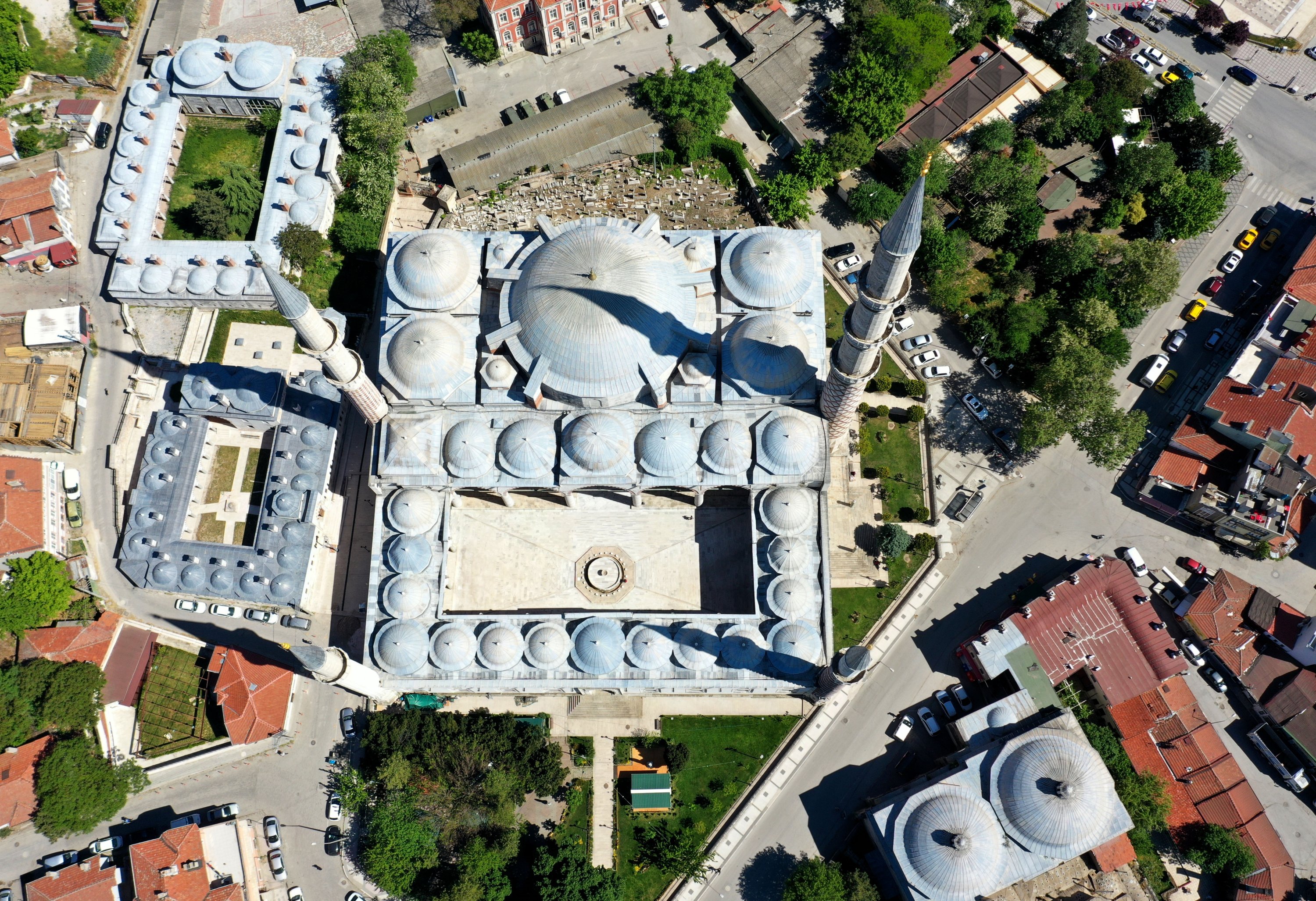 An aerial view shows the Üç Şerefeli Mosque (the Mosque with Three Balconies) and its surrounding area, including its famous minaret with three balconies that gives the mosque its name, Edirne, Turkey, May 11, 2021. (AA Photo)