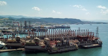 An aerial view shows Karadeniz Holding's powerships docked in a shipyard at Altınova district in Yalova, northwestern Turkey, June 16, 2020. (AFP Photo)