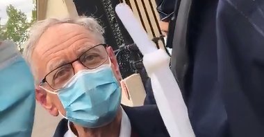 President of L'Association France Palestine Solidarité Bertrand Heilbronn pictured during his arrest outside the French Foreign Ministry, Paris, France, May 12, 2021. (Twitter @AFPSOfficiel)