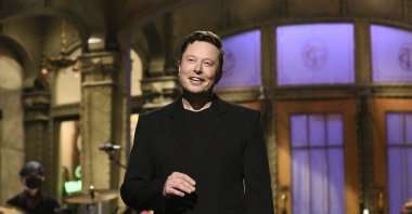 This image released by NBC shows host Elon Musk delivering his opening monologue on "Saturday Night Live" in New York, the U.S., May 8, 2021. (Will Heath/NBC via AP)