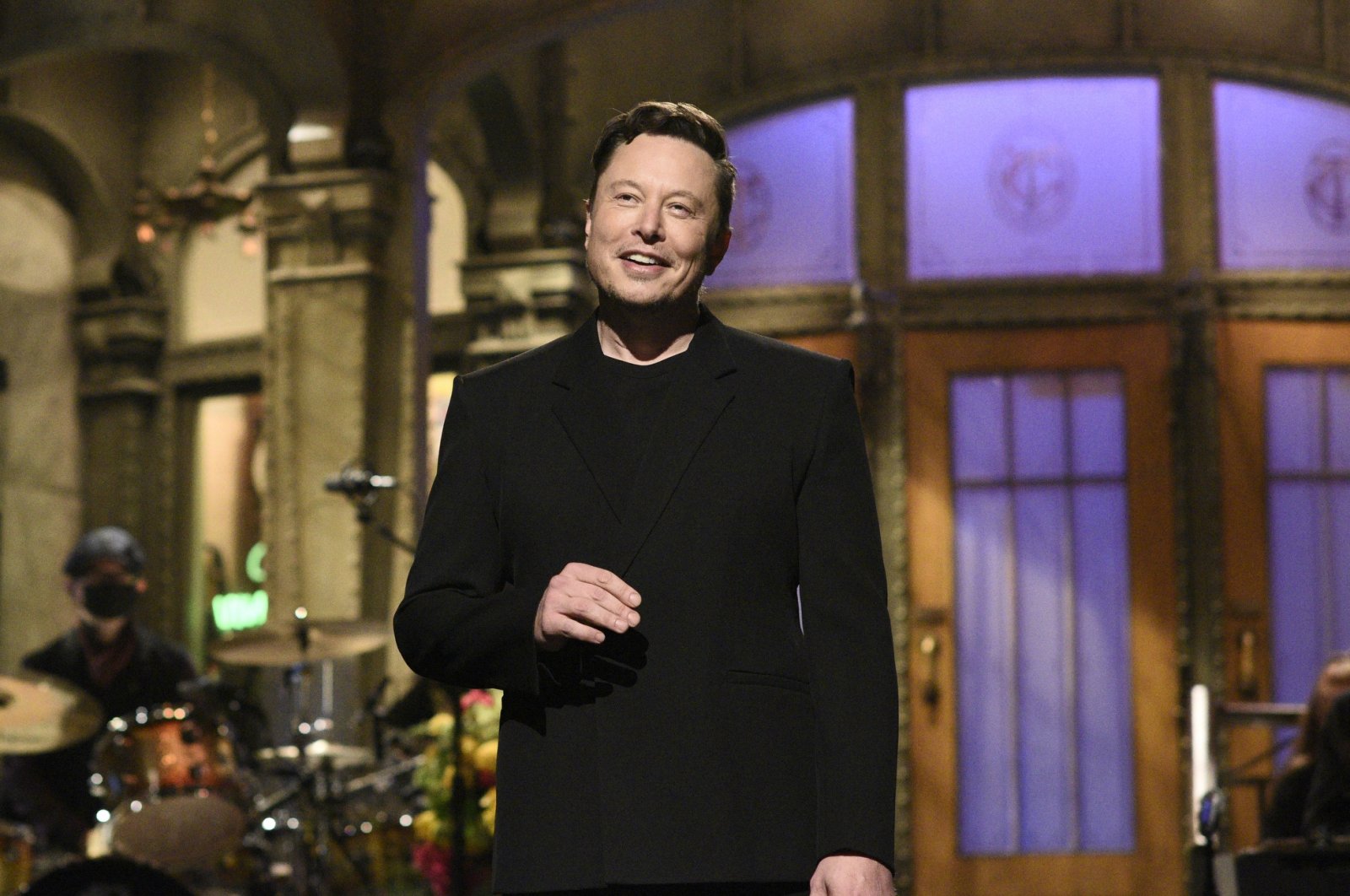 This image released by NBC shows host Elon Musk delivering his opening monologue on "Saturday Night Live" in New York, the U.S., May 8, 2021. (Will Heath/NBC via AP)
