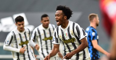 Juventus midfielder Juan Cuadrado celebrates scoring his team's third goal during Serie A match Week 37 match against Inter Milan, at Allianz Stadium, Turin, Italy, May 15, 2021. (Reuters Photo)
