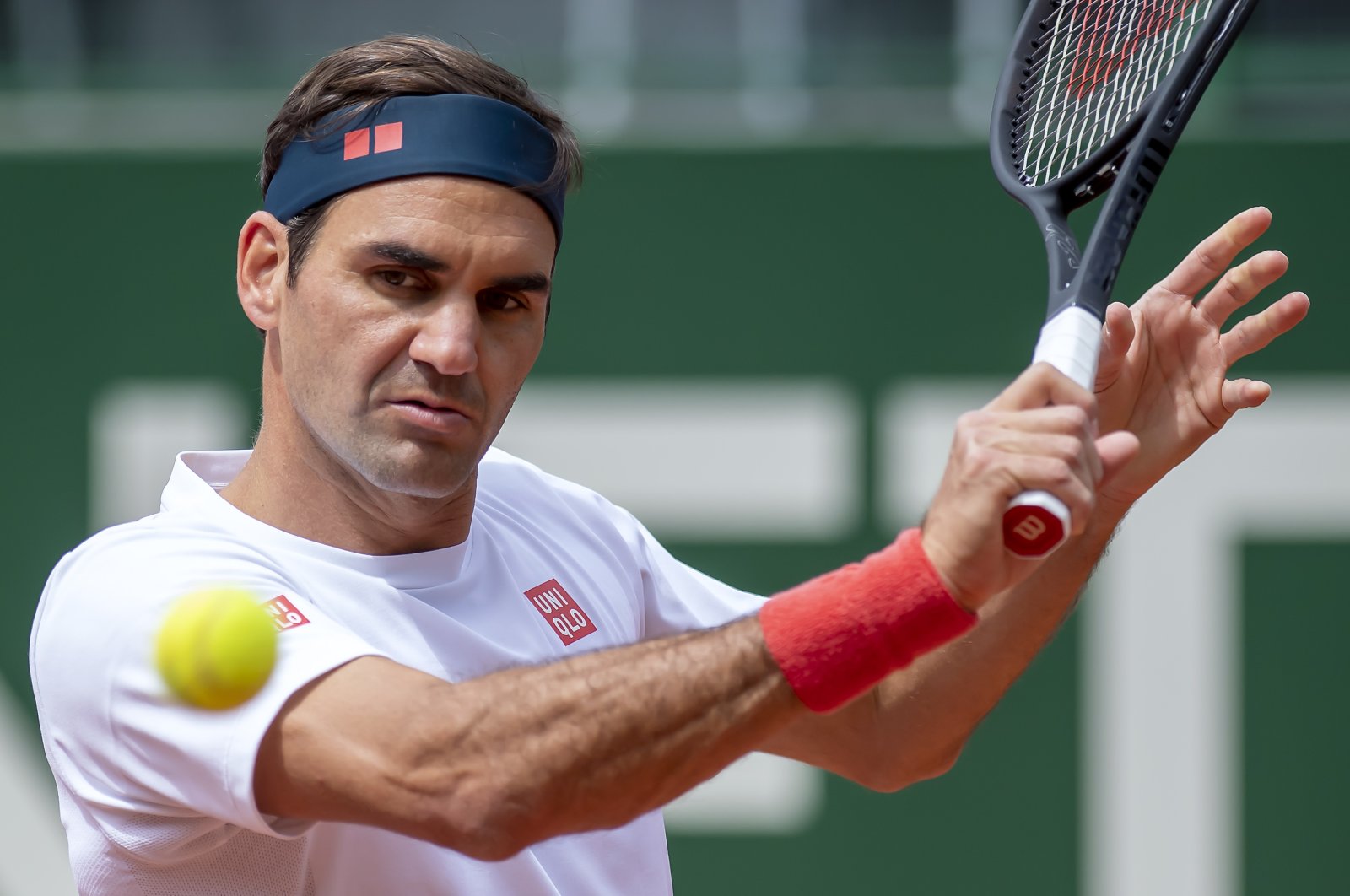 Switzerland's tennis player Roger Federer in action during a training session prior to the ATP 250 Tennis Geneva Open tournament, in Geneva, Switzerland, May 14, 2021. (AP Photo)