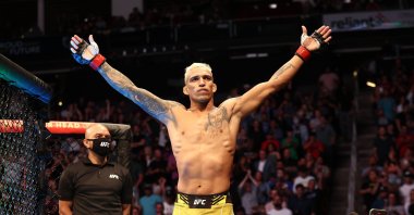 Charles Oliveira reacts after knocking out Michael Chandler during the UFC 262 lightweight title bout at Toyota Center in Houston, U.S., May 15, 2021. (AP Photo)
