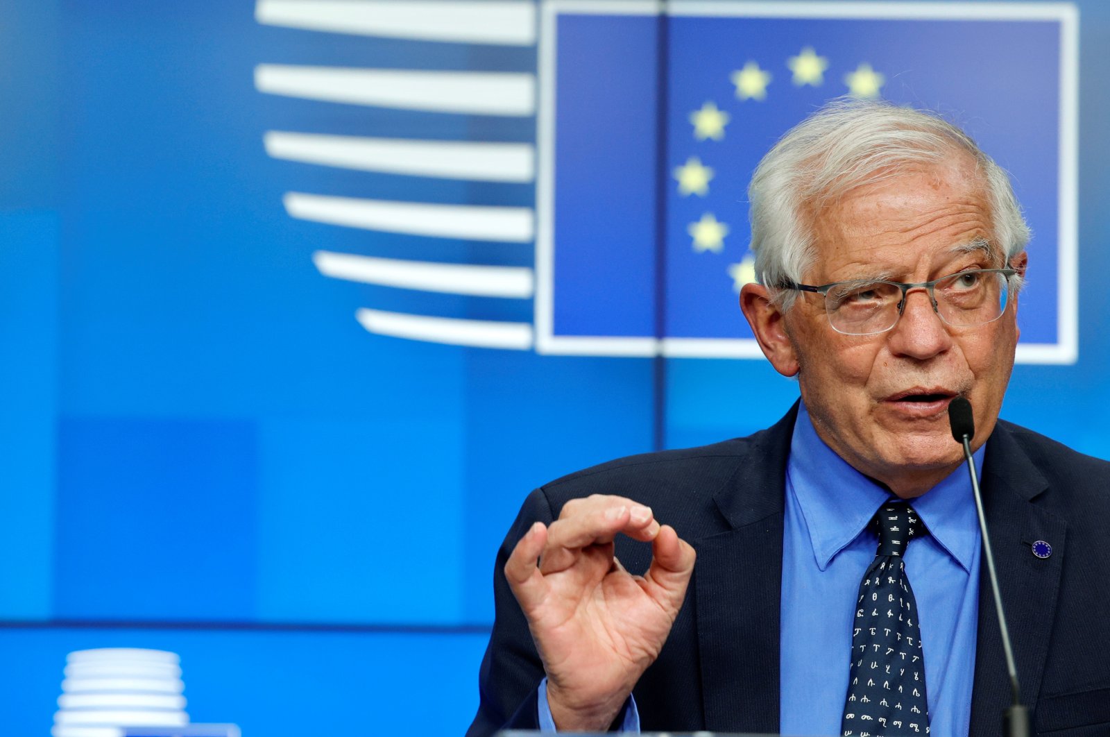 European Union foreign policy chief Josep Borrell speaks during a news conference after a meeting of EU foreign ministers at the European Council building, in Brussels, Belgium May 10, 2021. (Reuters Photo)