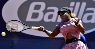 Serena Williams of the United States returns the ball to Italy's Lisa Pigato during their match at the Emilia Romagna Open tennis tournament, in Parma, Italy, May 17, 2021. (AP Photo)