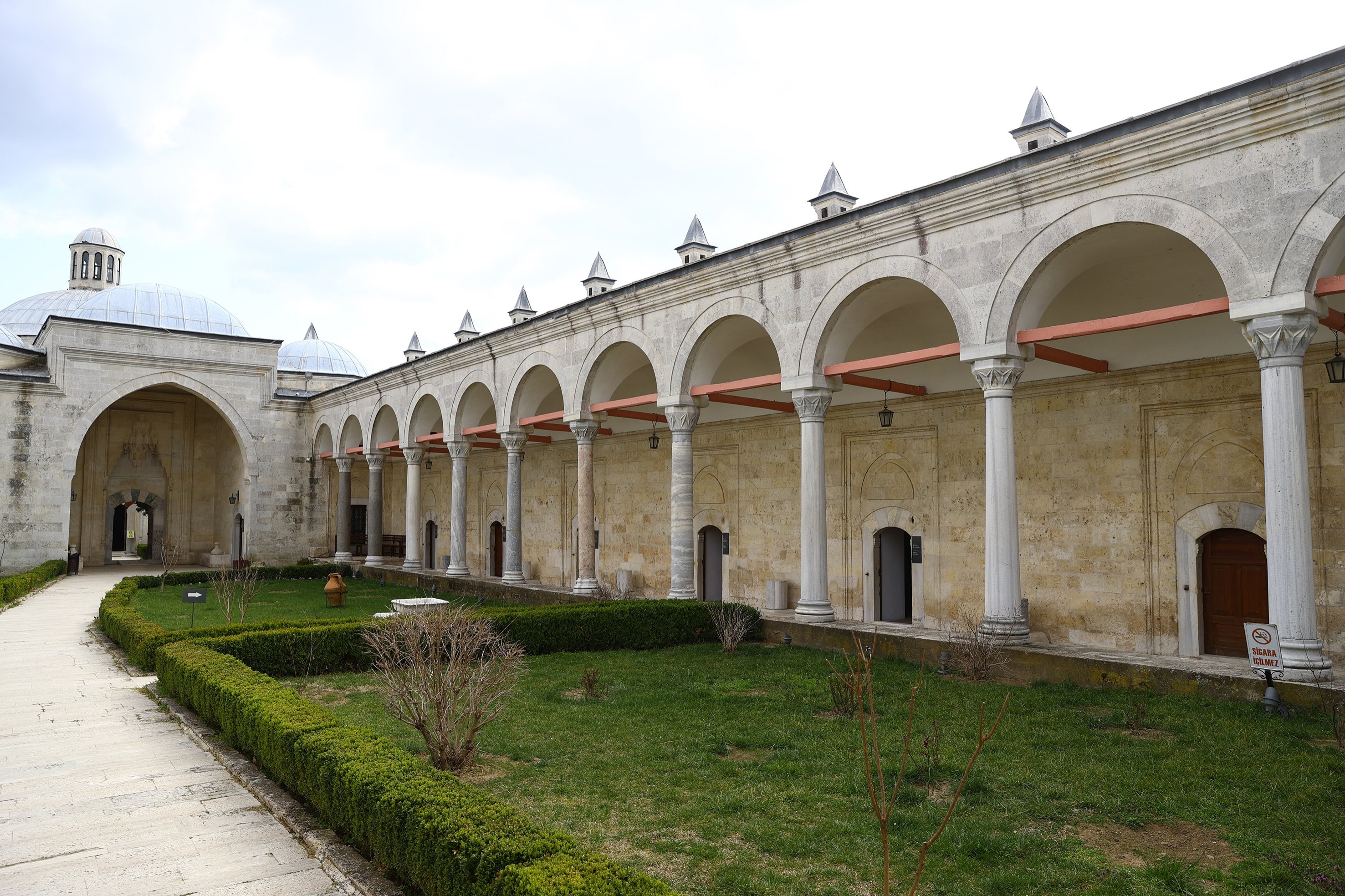 The courtyard and entrances to historical education rooms of the Sultan Bayezid II Complex can be seen in Edirne, Turkey, May 17, 2021. (AA Photo)