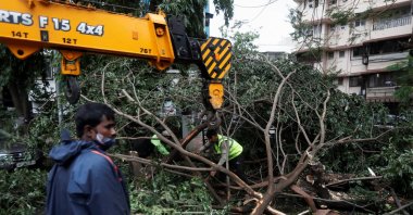 People attempt to remove uprooted trees from the entrance of a residential building after strong winds caused by Cyclone Tauktae, in Mumbai, India, May 18, 2021. (Reuters Photo)