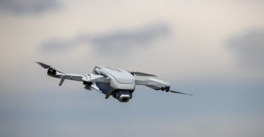Aselsan's micro UAV, Saka, seen in the air during the test flight in the photo provided on May 18, 2021. (AA Photo)