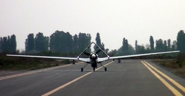 A Baykar Bayraktar TB2 UCAV waits on a runway during a military drill in Azerbaijan, March 17, 2021. (IHA Photo)