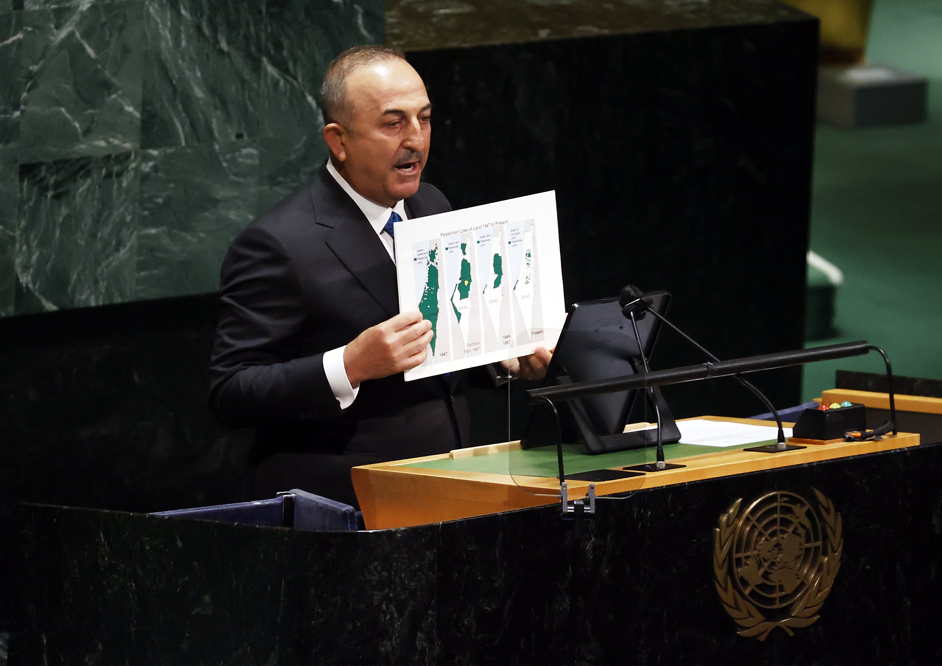 Foreign Minister Mevlüt Çavuşoğlu addresses the U.N. General Assembly's special session on the situation in Israel and Palestine at U.N. headquarters in New York, U.S., May 20 2021. (EPA Photo)