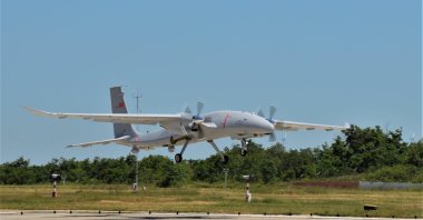 The first mass-produced model of Bayraktar Akıncı during its initial flight test, Çorlu, northwestern Turkey, May 19, 2021. (AA Photo)
