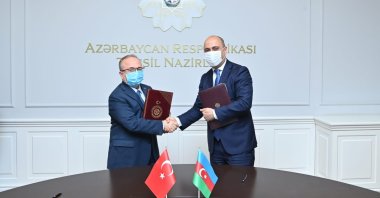 President of Maarif Foundation Birol Akgün (L) meets with Azerbaijan's Education Minister Emin Amrullayev in Baku, Azerbaijan, May 21, 2021. (AA Photo)
