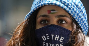 A supporter of the Palestinians demonstrates outside the Israeli consulate in New York City, New York, U.S., May 21, 2021.  (AP Photo)