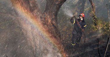 A firefighter tries to extinguish a wildfire burning in the village of Pefkenea, near Corinth, Greece, May 21, 2021. (Reuters Photo)