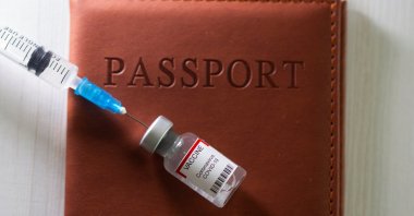 A syringe and a vial labeled "coronavirus disease vaccine" are placed on a passport with the printed words "COVID-19 vaccinated" in this illustration taken April 27, 2021. (REUTERS)