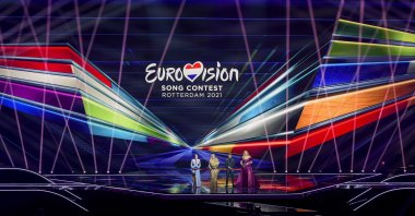 Presenters Edsilia Rombley, Chantal Janzen, Jan Smit and Nikkie de Jager onstage during the dress rehearsal for the Grand Final of the 65th annual Eurovision Song Contest (ESC) at the Rotterdam Ahoy arena, in Rotterdam, the Netherlands, May 21, 2021. (EPA Photo)