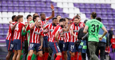 Atletico Madrid's players celebrate winning La Liga title at the end of the match against Valladolid at Jose Zorrilla Stadium in Valladolid, Spain, May 22, 2021. (EPA Photo)