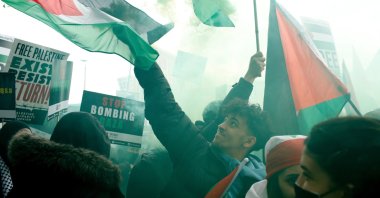 People attend a protest in support of Palestine in London, U.K., May 22, 2021. (AA Photo)