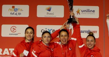 Turkish women's national Kumite team celebrates winning the silver medal in the European Senior Karate Championships, Porec, Croatia, May 22, 2021. (IHA Photo)