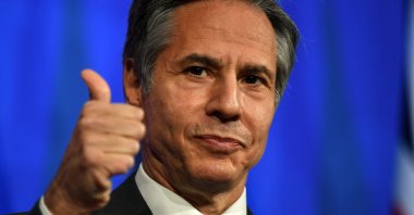 U.S. Secretary of State Antony Blinken gives a thumbs-up gesture as he attends a press conference with Britain's Foreign Secretary Dominic Raab, during the G-7 foreign ministers meeting, London, U.K., May 3, 2021. (AFP Photo)
