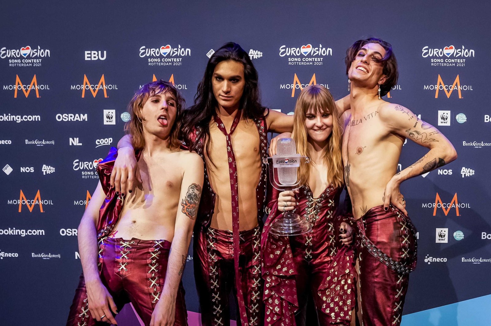 Maneskin from Italy poses for photographs during a press conference after winning the Grand Final of the 65th annual Eurovision Song Contest (ESC) at the Rotterdam Ahoy arena, in Rotterdam, The Netherlands, May 22, 2021. (EPA Photo)
