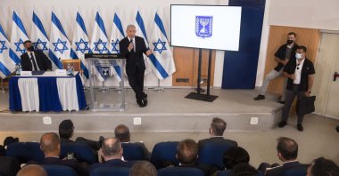 Israeli Prime Minister Benjamin Netanyahu speaks during a briefing to ambassadors to Israel at the Hakirya military base in Tel Aviv, Israel, May 19, 2021. (AP File Photo)