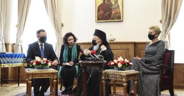 Poland's President Andrzej Duda (L) and his wife Agata Kornhauser Duda (R) meet with Fener Greek Orthodox Patriarch Bartholomew (R-2) in Istanbul, Turkey, May 25, 2021. (AA Photo)