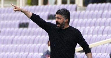 Napoli coach Gennaro Gattuso gestures during the Italian Serie A soccer match between Fiorentina and Napoli at the Artemio Franchi stadium in Florence, Italy, May 16, 2021. (LaPresse via AP)